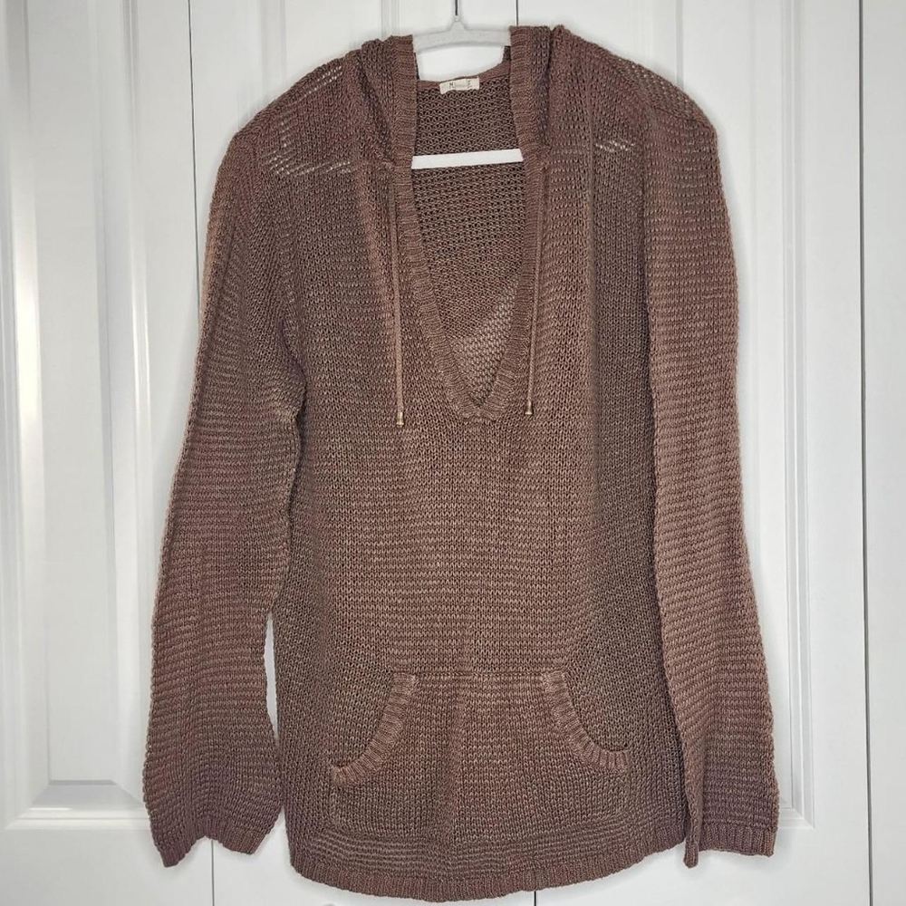 Y2K Brown Hippie Fishnet Low V-neck Crochet Knit Hoodie w/ Drawstrings